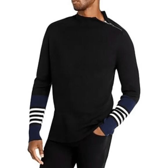 Karl Lagerfeld Paris Stripe Cuff Mock Neck Sweater Black/Blue, Sz Small, MP $169 - Picture 1 of 11